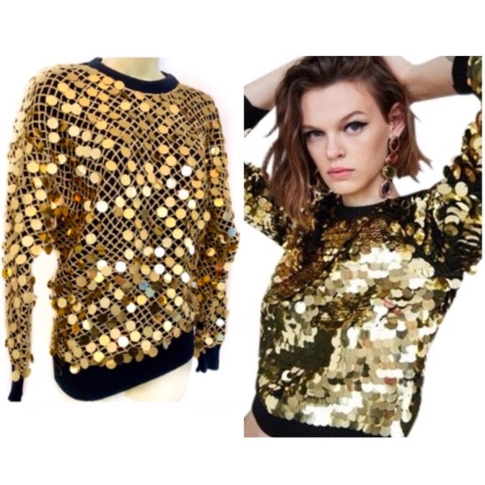 Vintage 70’s 80’s Disco Gold Pailette Sequin Sweater M